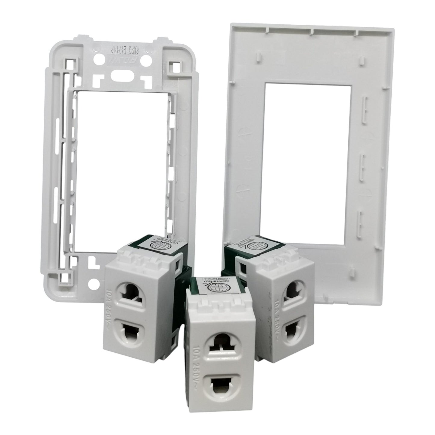 White plastic modular wall switch and outlet components, including two rectangular frame faces and three terminal blocks, shown on a plain white background.