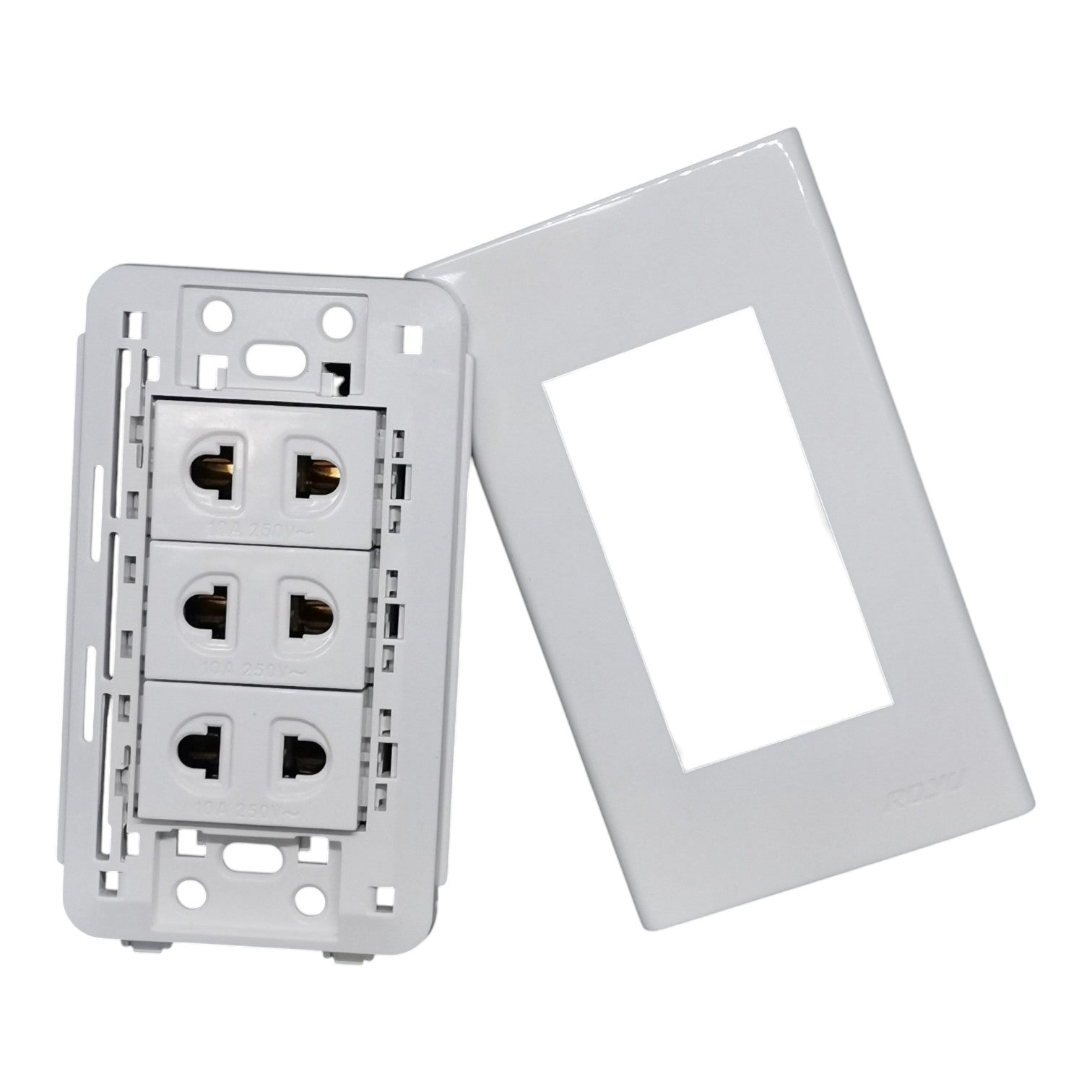 White electrical outlet cover plate with three outlets visible behind a clear front cover, shown on a plain white background.