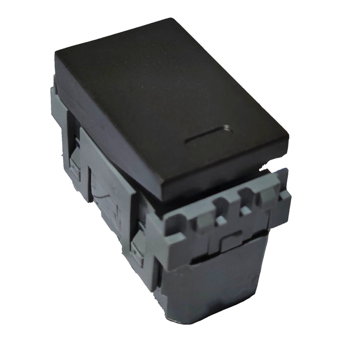 A black plastic toggle switch with a gray mounting base, shown on a plain white background.
