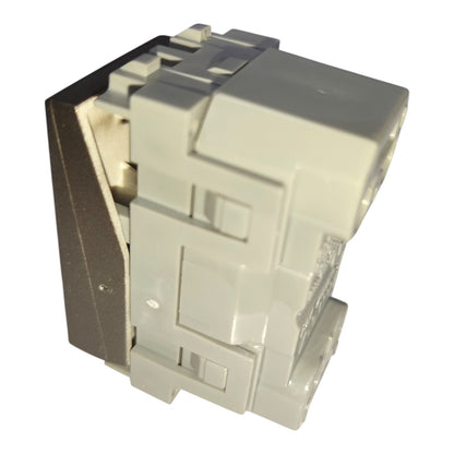 A white plastic electrical connector or terminal block with a dark metallic side panel, shown on a plain white background.