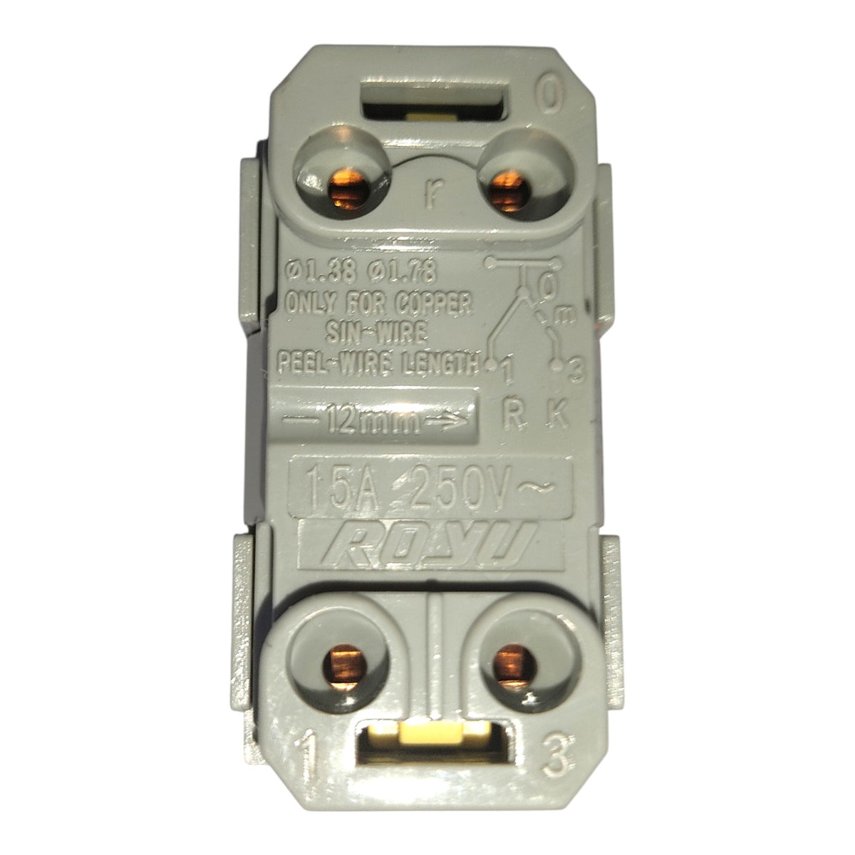 A gray ROHU electrical terminal block connector with copper-colored screw terminals and printed technical specifications on a white background.