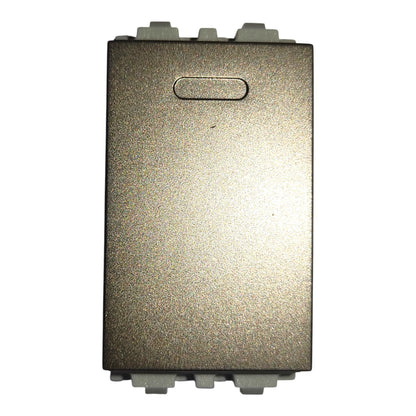 A rectangular metal electrical box or enclosure with a textured metallic finish, featuring a small horizontal slot on the front and gray connector components at the top and bottom, isolated on a white background.