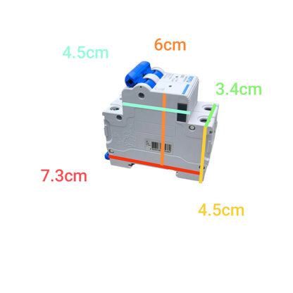 Circuit breaker with dimensions labeled on a white background