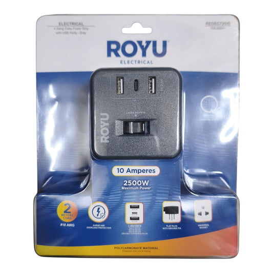A 10 Ampere 2500W ROYU Electrical travel power adapter in its original retail blister packaging, featuring a dark gray plastic plug with USB-C and USB-A ports.