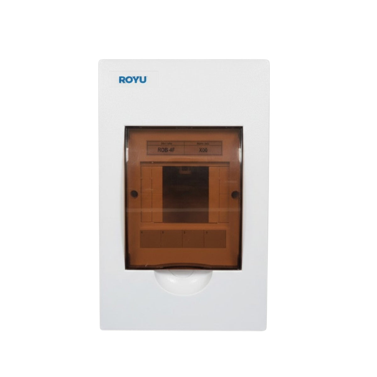 A white Royu electrical distribution board enclosure with a brown translucent front cover and a white plastic bottom cover, shown on a plain white background.