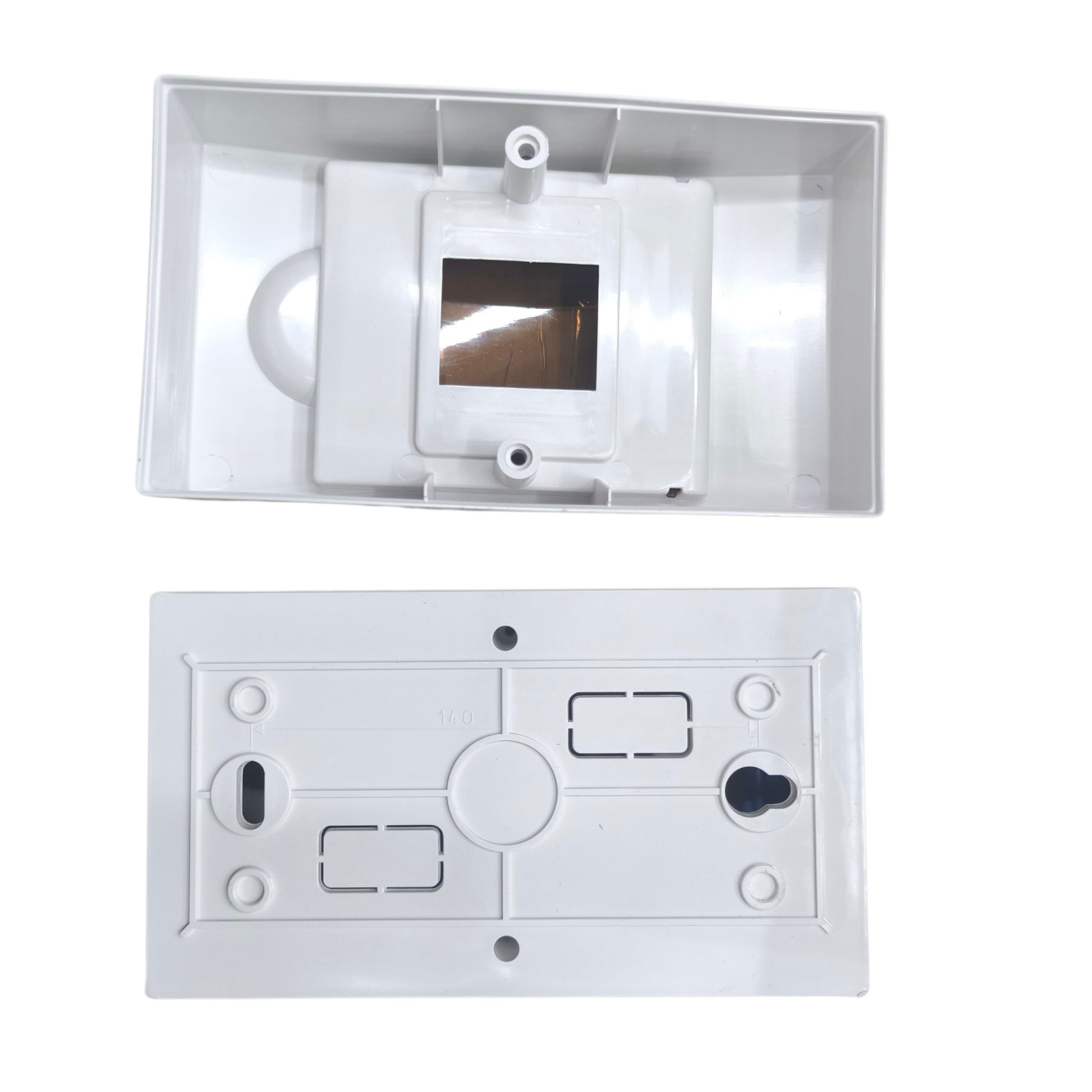 Two white wall-mounted electronic devices on a white background