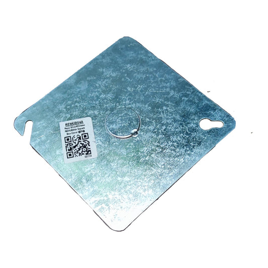 A square galvanized metal mounting plate with rounded corners, a pre-drilled hole, a keyhole cutout, and a small circular metal ring, shown on a white background with a product label sticker.