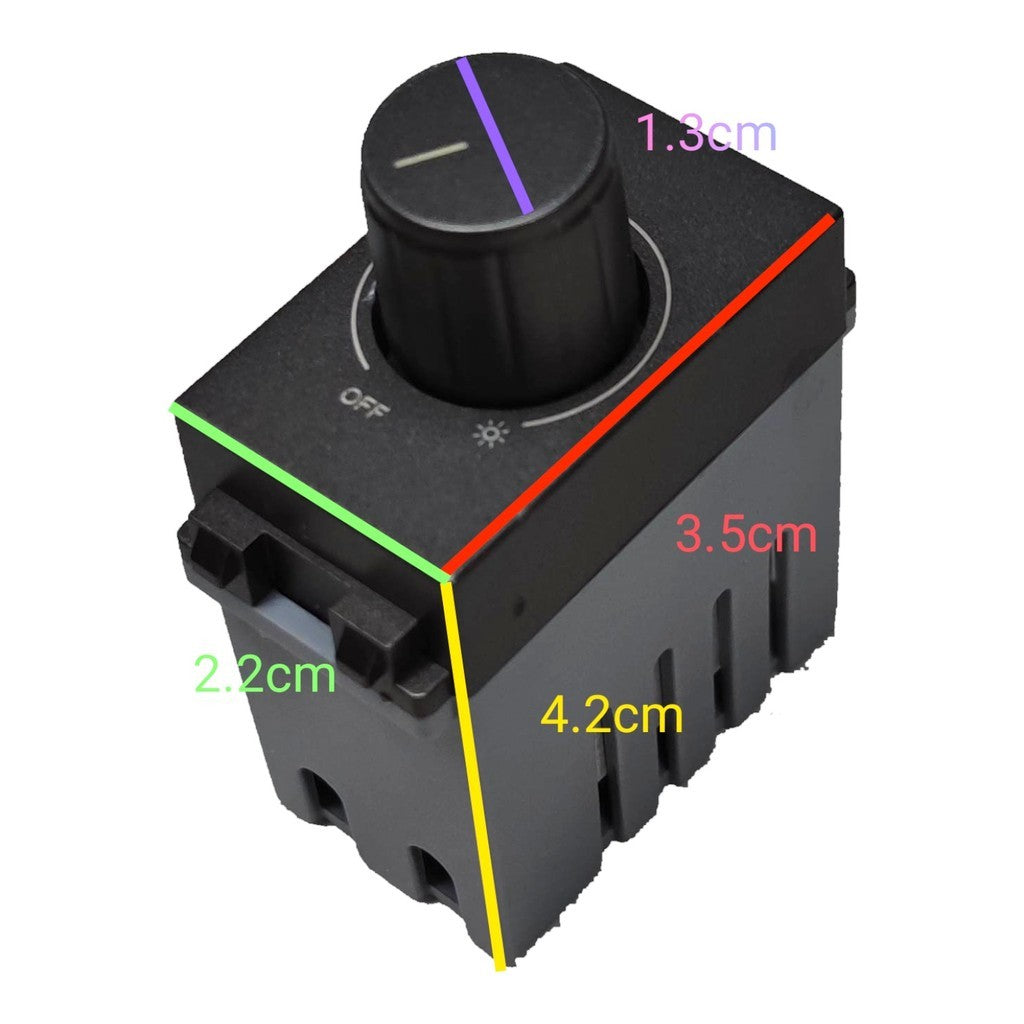 A black rotary switch or control module with a single round knob, shown on a white background with colored measurement lines and dimensions labeled 1.3cm, 3.