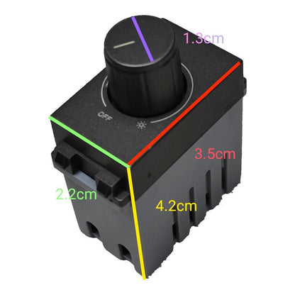 A black rotary switch or control module with a single round knob, shown on a white background with colored measurement lines and dimensions labeled 1.3cm, 3.