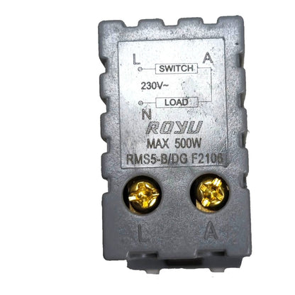 A 230V 500W electrical relay switch with a gray plastic housing, featuring two gold screw terminals labeled L and A, and a printed white specification label on the front.