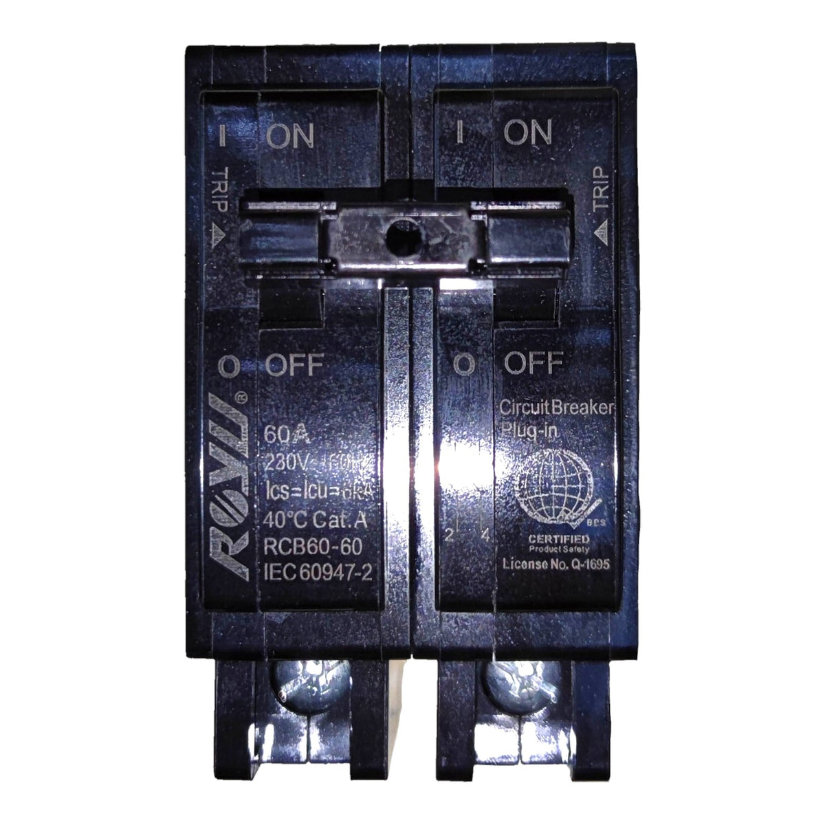 A black Romex circuit breaker plug-in module with silver metal terminals, shown against a plain white background.