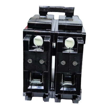 A pair of black double-pole circuit breakers shown side-by-side against a plain white background.