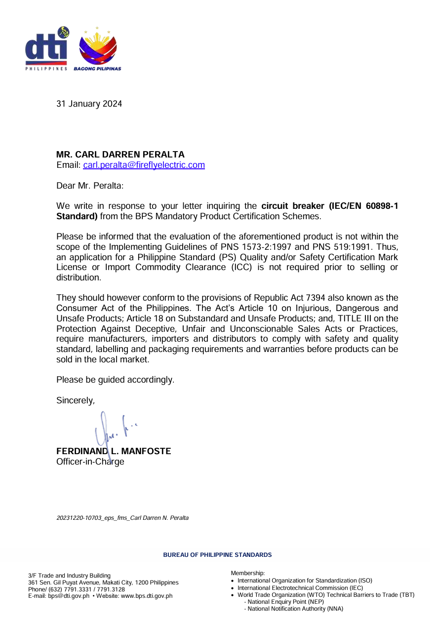 Letter from the Bureau of Philippine Standards regarding a circuit breaker product
