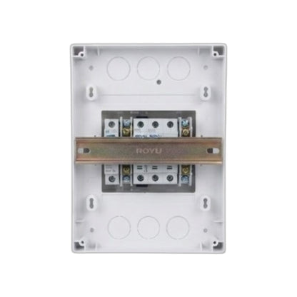 A white plastic modular electrical terminal block with a metallic copper bus bar labeled ROYU, shown against a plain white background.