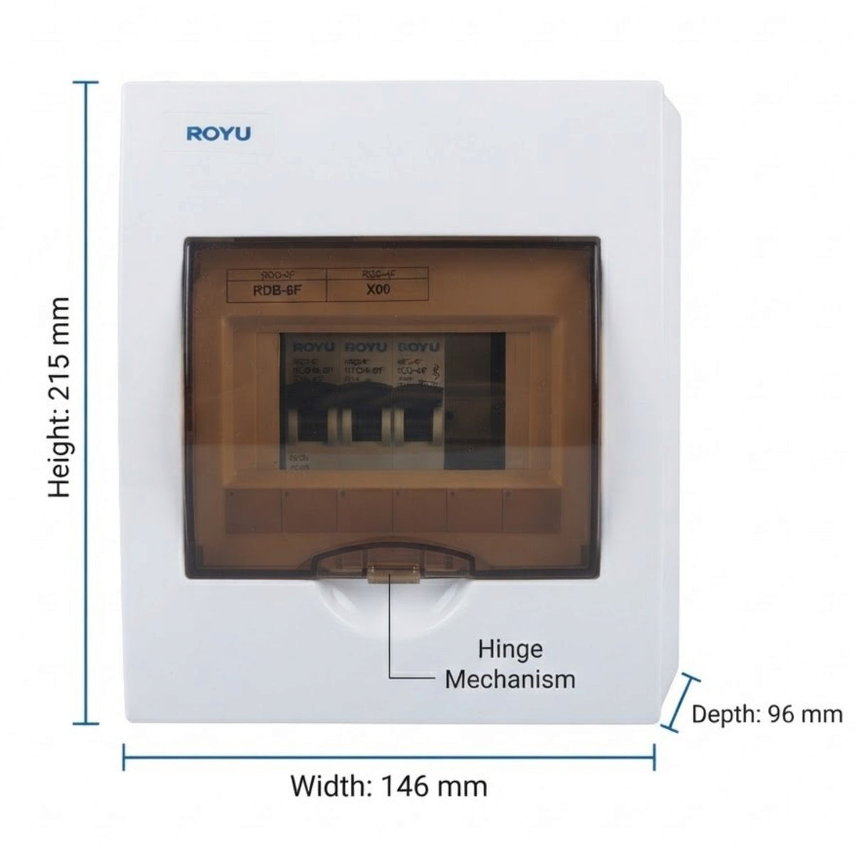 A white ROYu electrical distribution board with a translucent brown front cover, shown with dimension labels indicating height 215 mm, width 146 mm, and depth 96 mm.