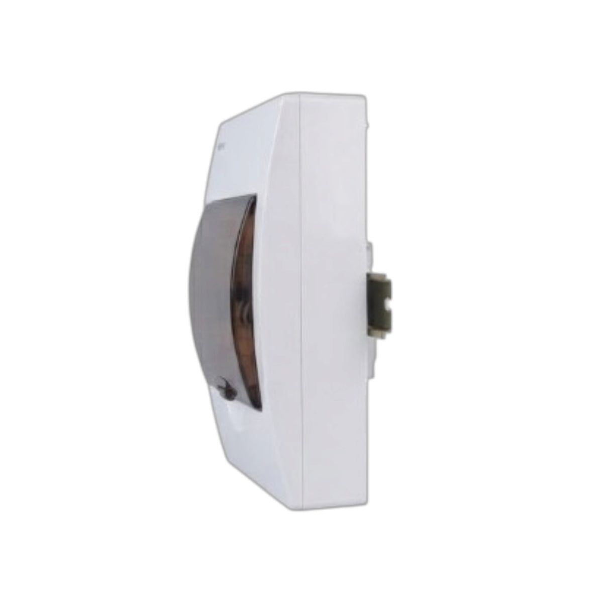 A white plastic wall-mounted dispenser or fixture with a dark reflective window and a small protruding component on the side, shown against a plain white background.