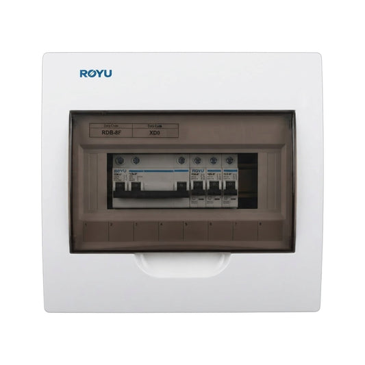 A white ROYU electrical distribution board cover with a transparent window showing internal circuit breakers, set against a plain white background.