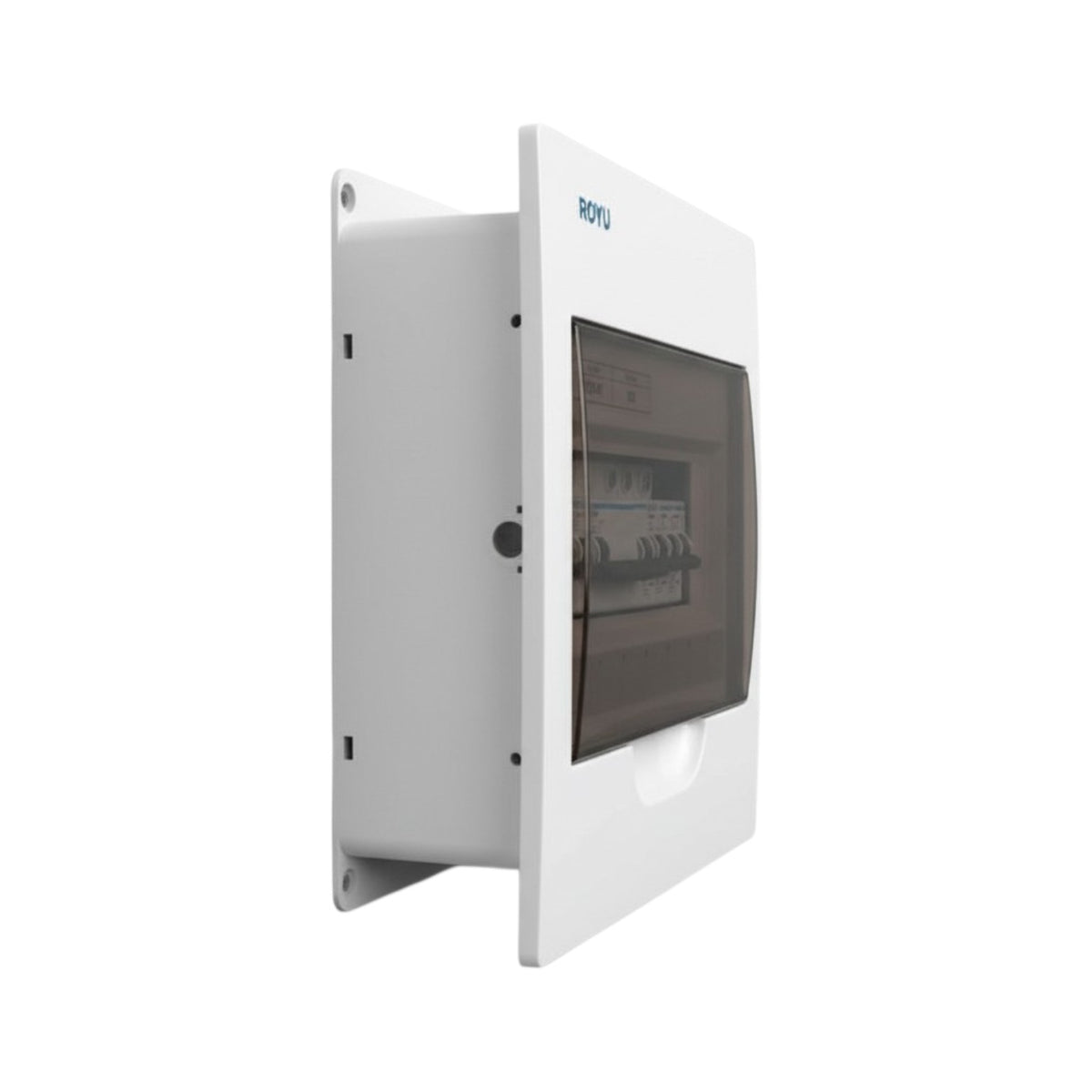 A white ROYu electrical distribution box with a transparent window showing internal components, set against a plain white background.