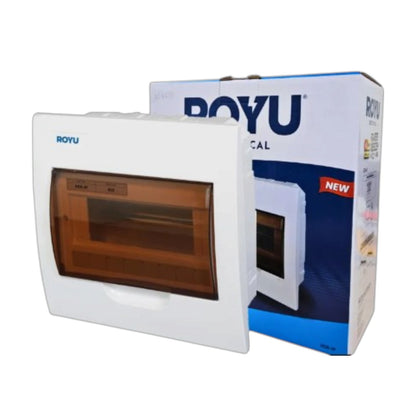 A white ROYU electrical switchboard box with a brown translucent window, shown in front of its blue and white retail packaging box on a white background.