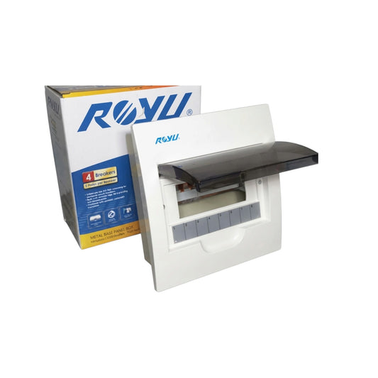 A white ROYU electrical distribution board with a dark gray protective cover partially open, shown next to its blue and yellow retail packaging box on a white background.