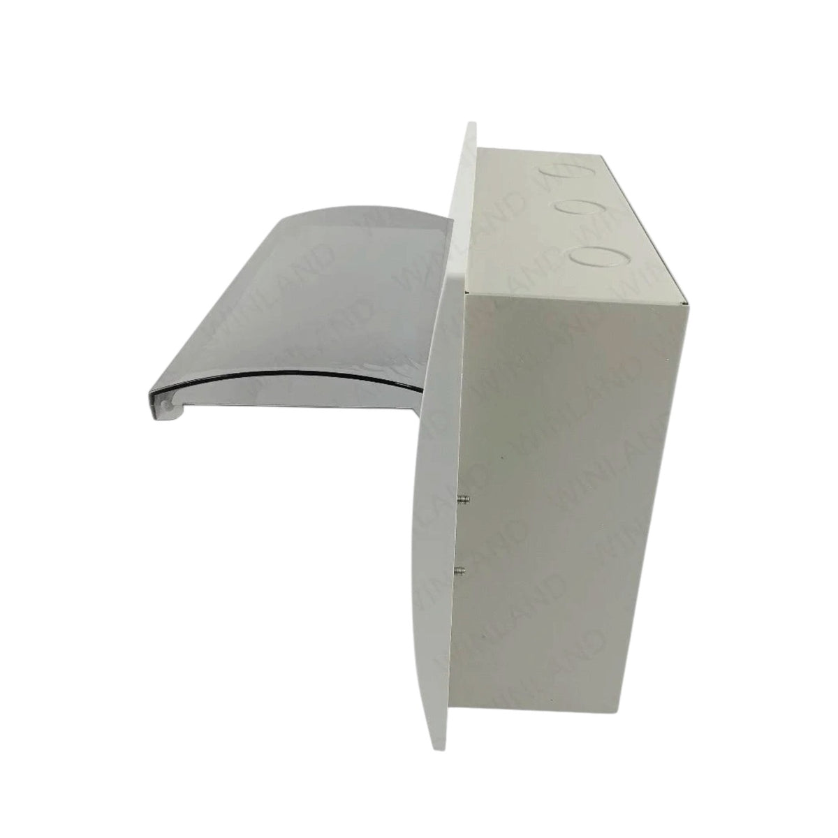 A modern wall-mounted bathroom faucet with a curved chrome spout and a matching white rectangular backplate, shown against a plain white background.