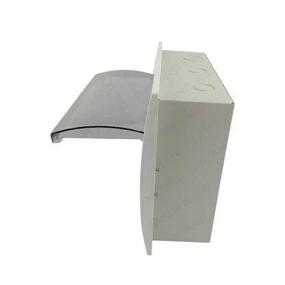 A modern wall-mounted bathroom faucet with a curved chrome spout and a matching white rectangular backplate, shown against a plain white background.