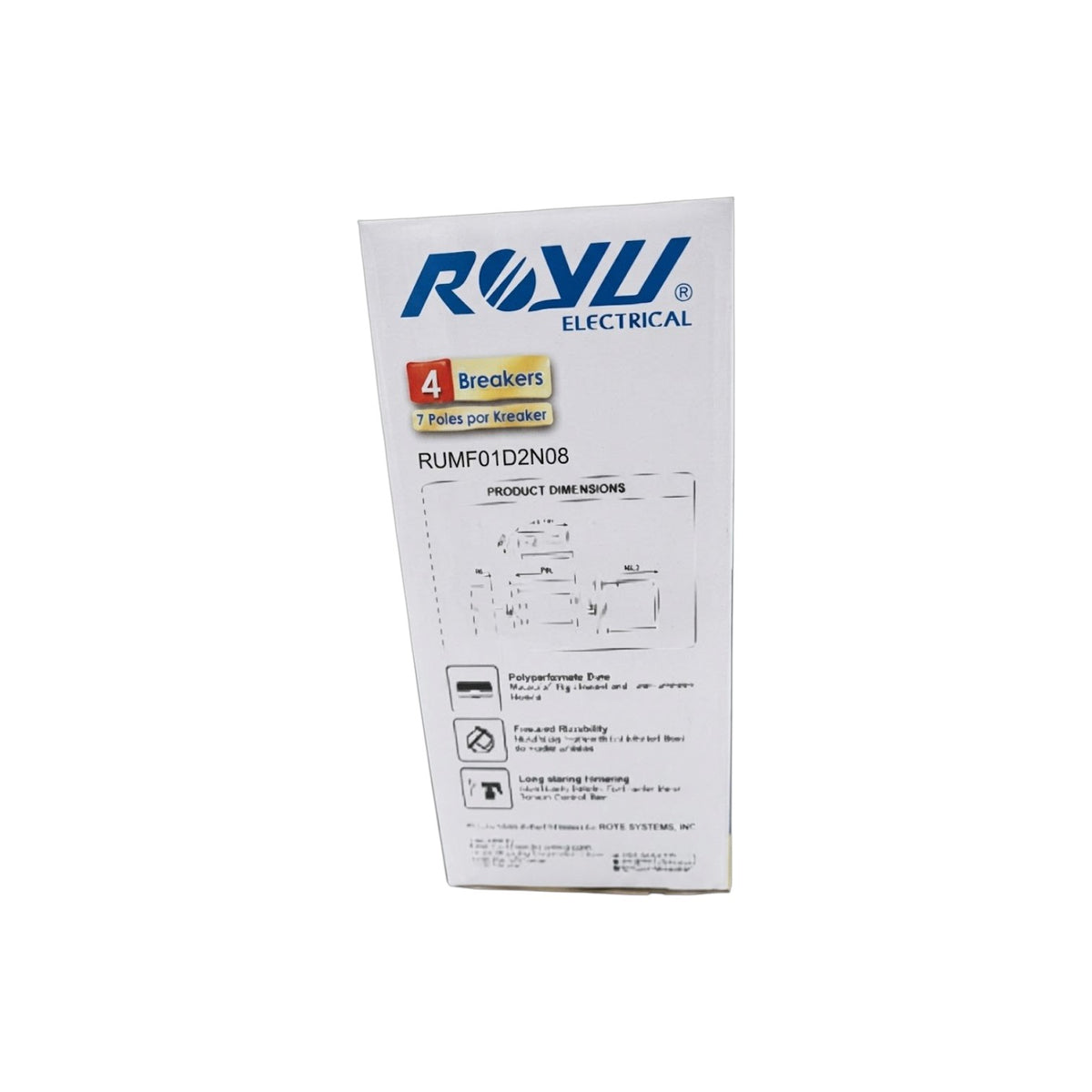 ROYu Electrical product box for RUMF01D2N08, a 4-breaker industrial electrical component, shown on a plain white background.