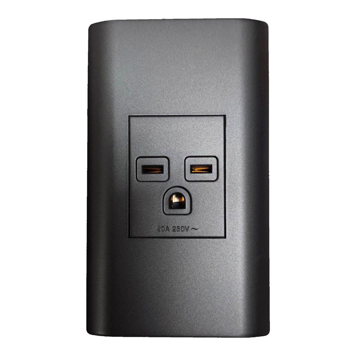 A dark gray rectangular power adapter or surge protector with a built-in three-prong outlet and two USB-C ports on the front, shown against a plain white background.