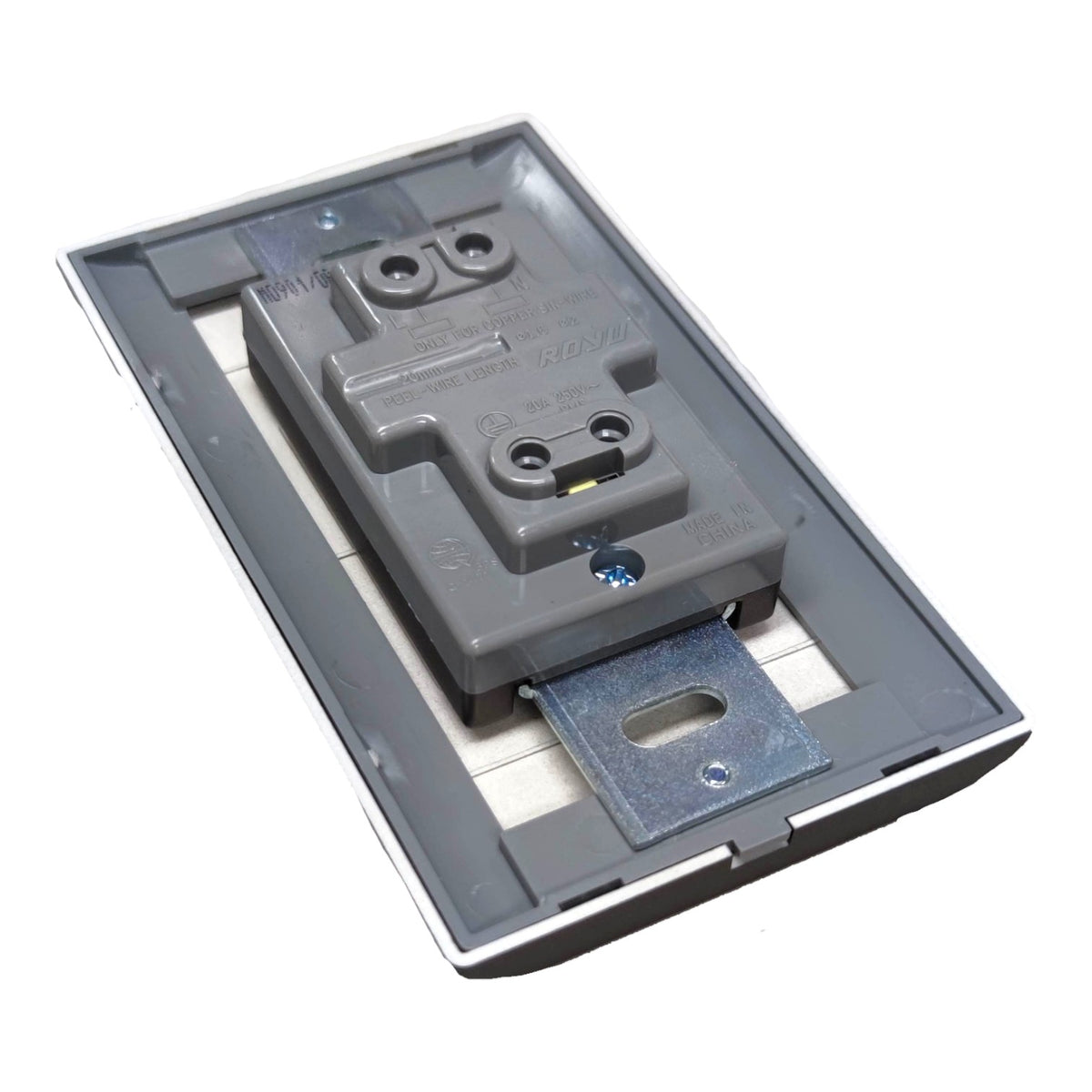 A gray electrical wall switch module or socket component with a metal mounting bracket, photographed on a plain white background.