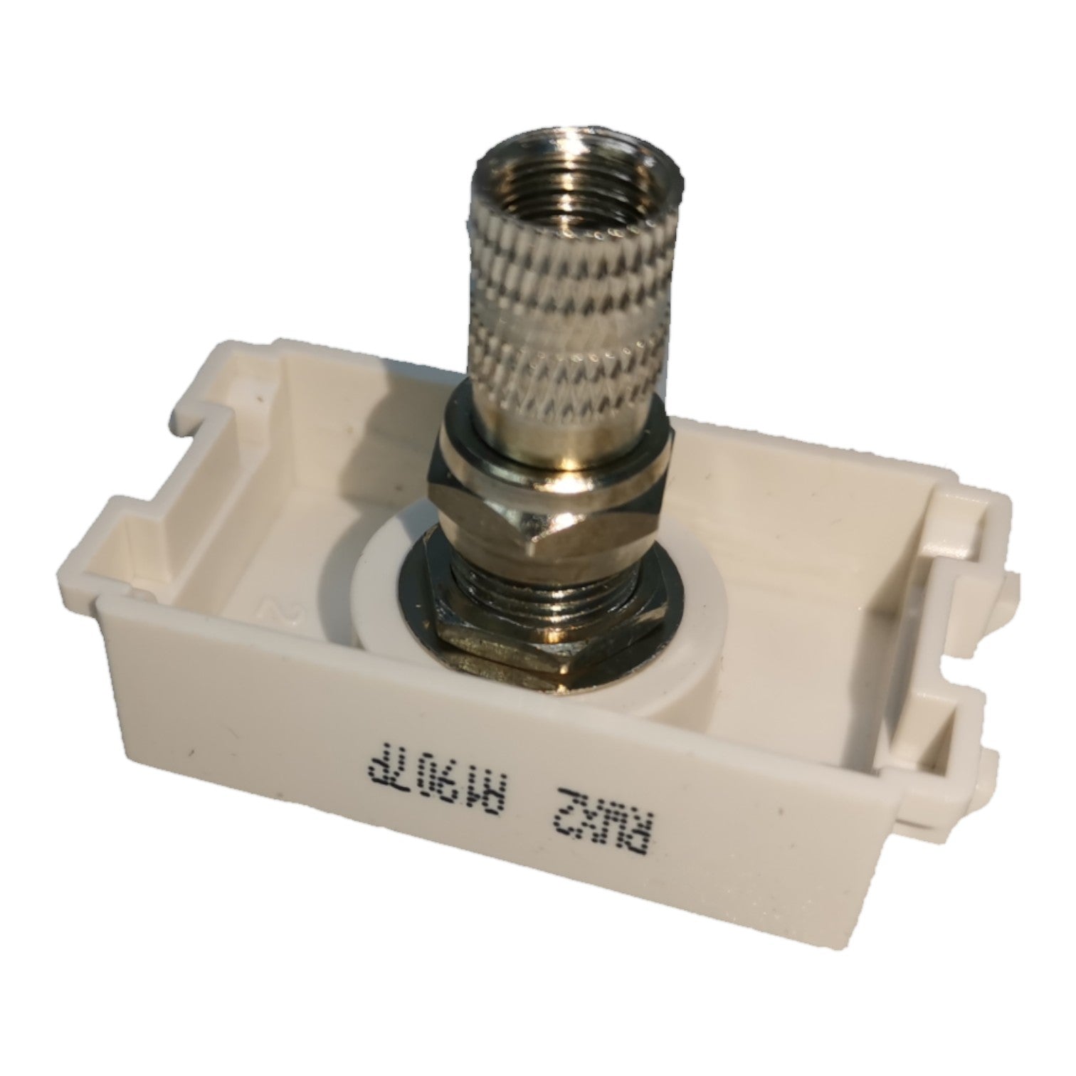 A small electrical or plumbing connector component with a white plastic base, a silver metal threaded fitting, and black printed markings reading 'RKX2 R190TP' on the side, shown on a plain white background.