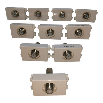 Nine beige RF connector adapters with metallic screw terminals, arranged in three rows on a plain white background.