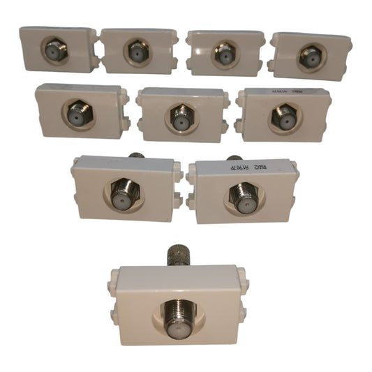 Nine beige RF connector adapters with metallic screw terminals, arranged in three rows on a plain white background.