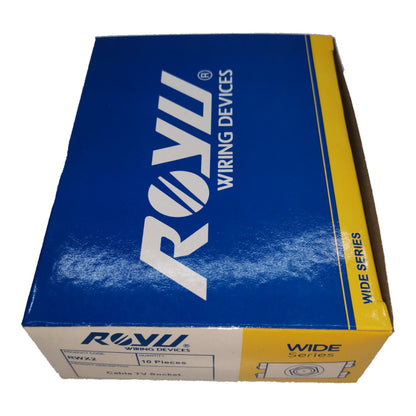 A blue and yellow cardboard box for Royu Wiring Devices Wide Series Cable TV Sockets, featuring the brand name 'ROYU' in large white letters on a blue background.