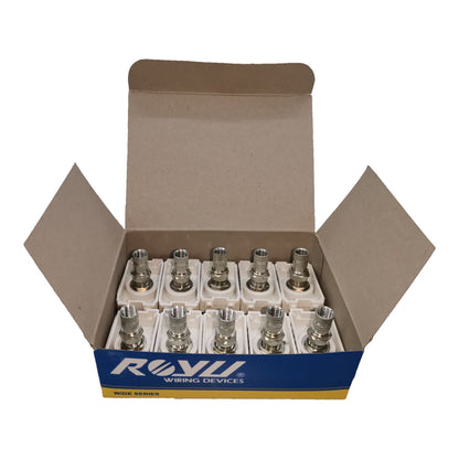 An open cardboard box of ROXY Wide Series Wiring Devices, showing multiple white plastic connectors with metal screw terminals arranged inside. The box features a blue and yellow ROXY brand label on the front.
