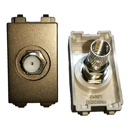 Two views of a RF connector component on a white background: one showing the front with a metallic bronze-gray housing and a silver hexagonal connector, and the other showing the back with a white plastic base and a threaded silver connector.