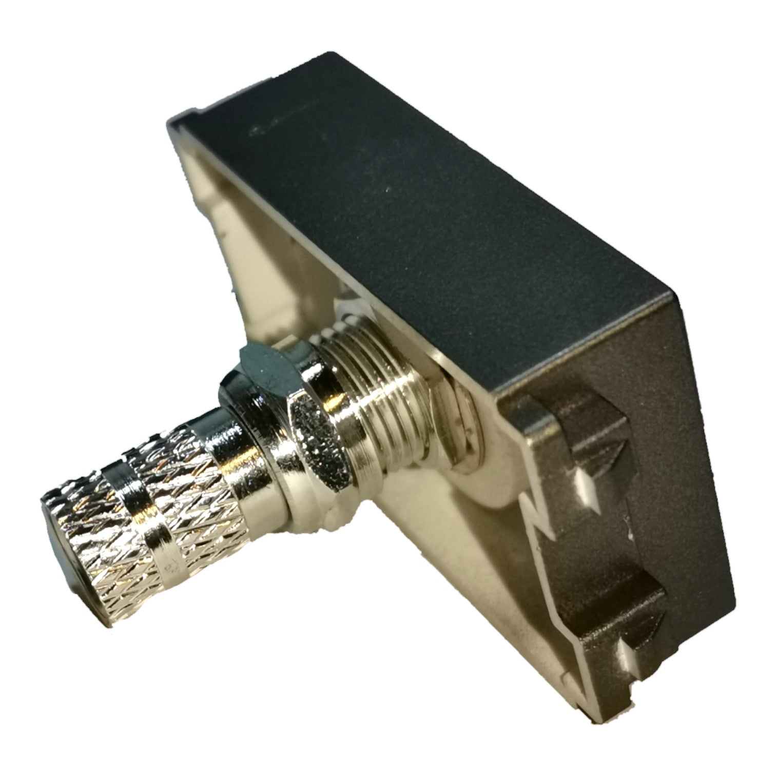 A metal RF connector block with a threaded coaxial cable interface and a flat rectangular mounting surface, shown on a plain white background.
