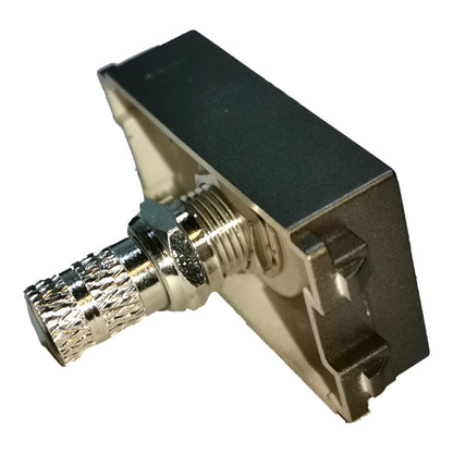 A metal RF connector block with a threaded coaxial cable interface and a flat rectangular mounting surface, shown on a plain white background.