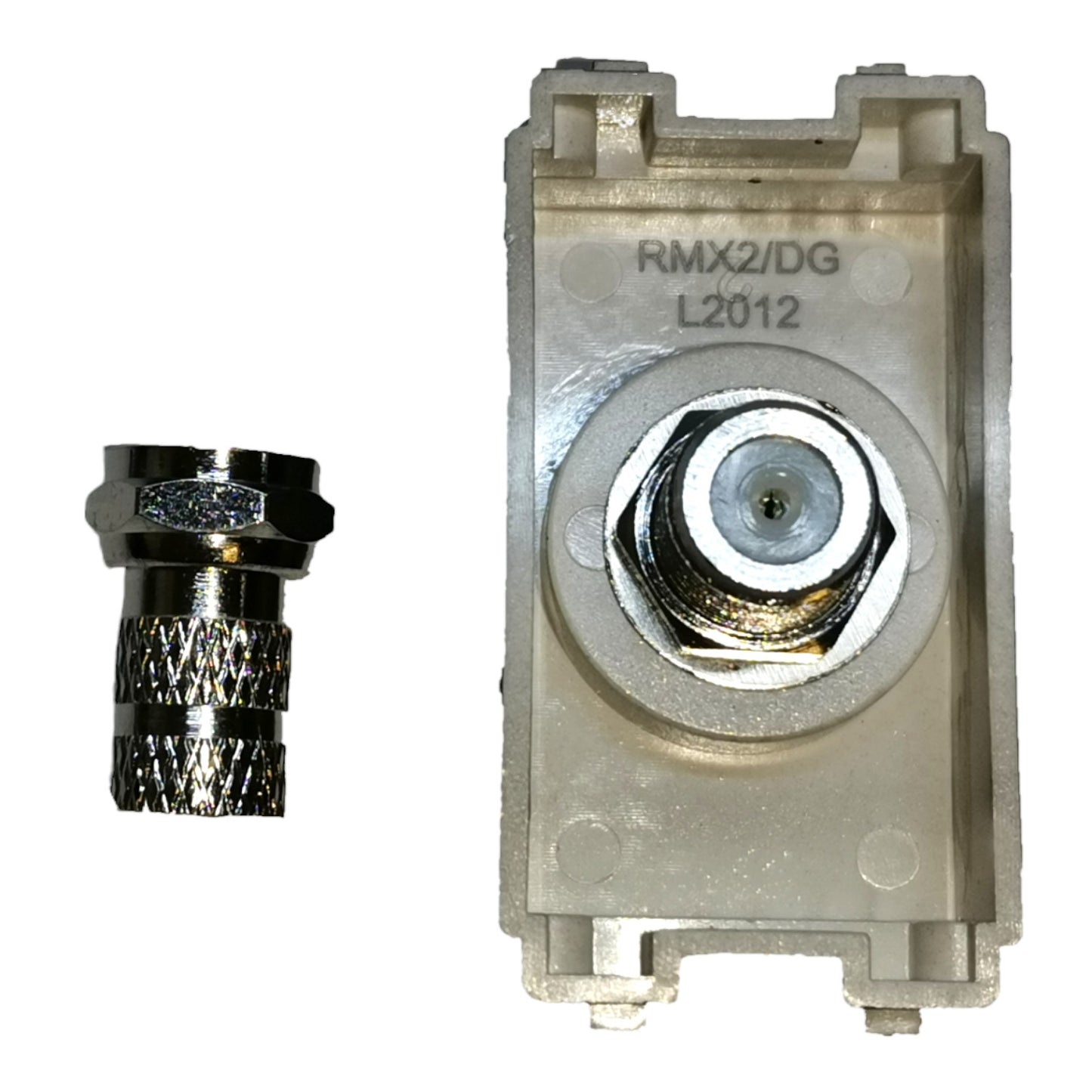 An RF connector assembly showing a silver-toned metal SMA-style connector on the left and a beige plastic housing on the right with printed markings 'RMX2/DG' and 'L2012'.