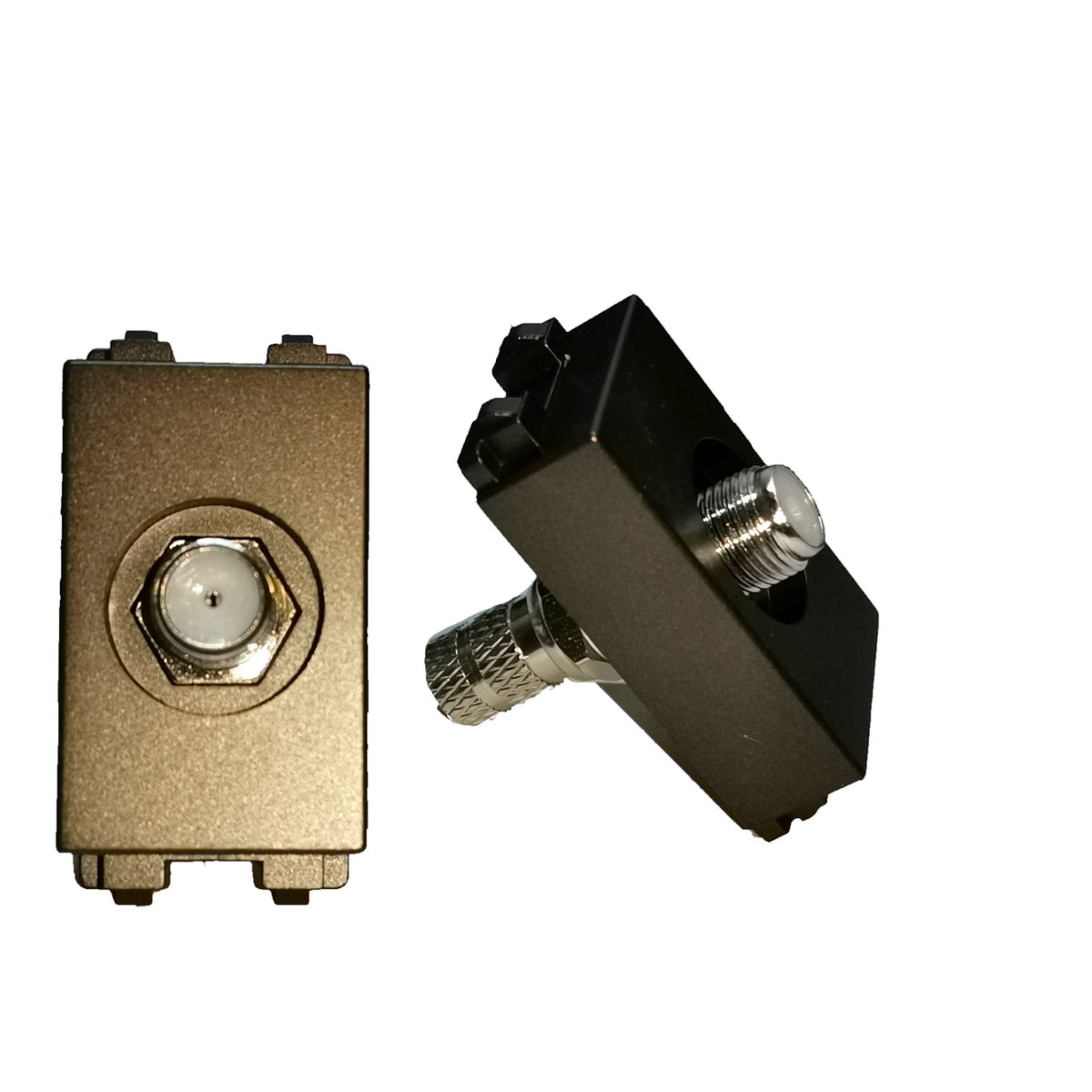 Two small metal hardware components on a plain white background, one in brushed gold/bronze and one in black, each with threaded screw posts and a circular center detail.