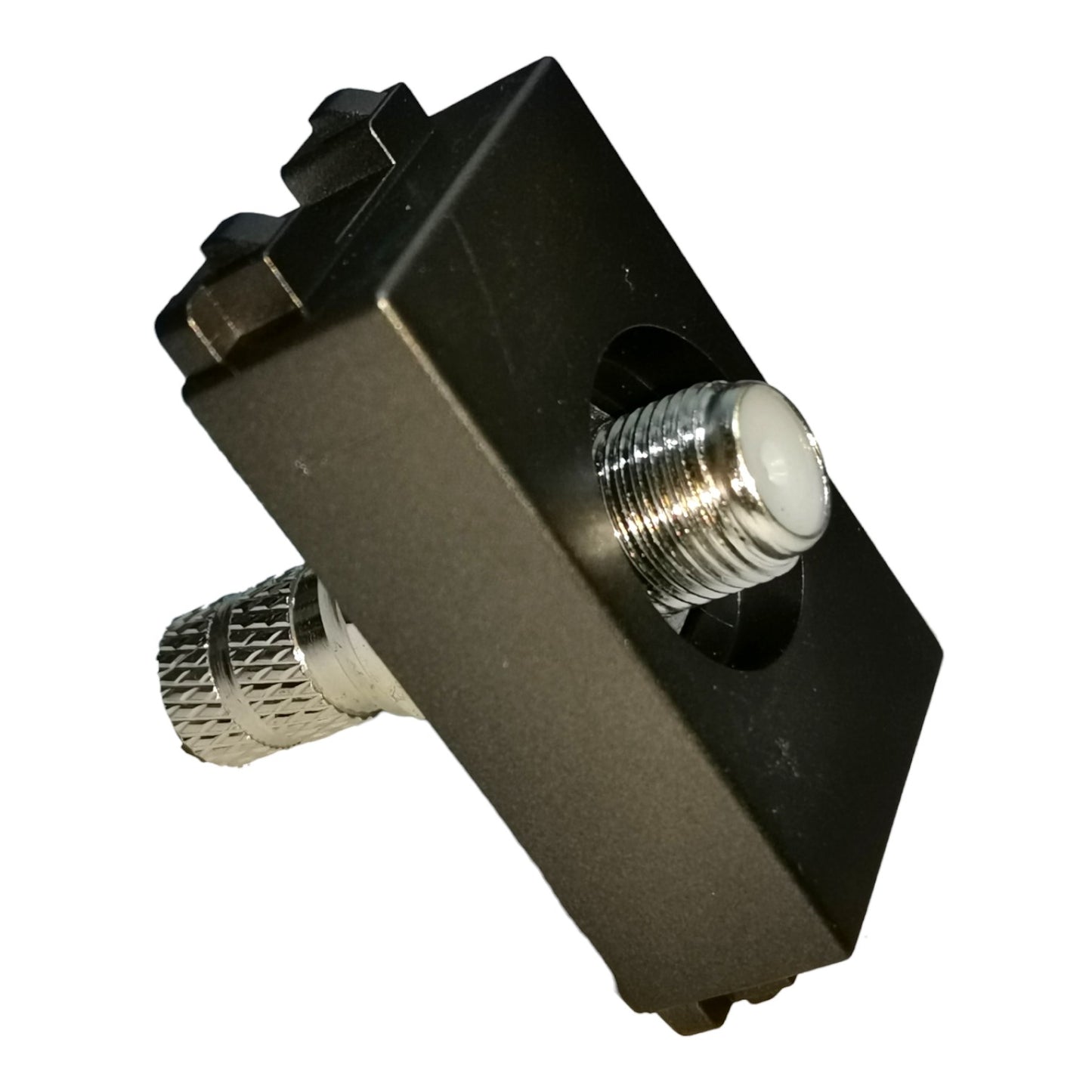 A black metal mounting bracket with two silver threaded connectors, one knurled and one smooth, shown on a plain white background.