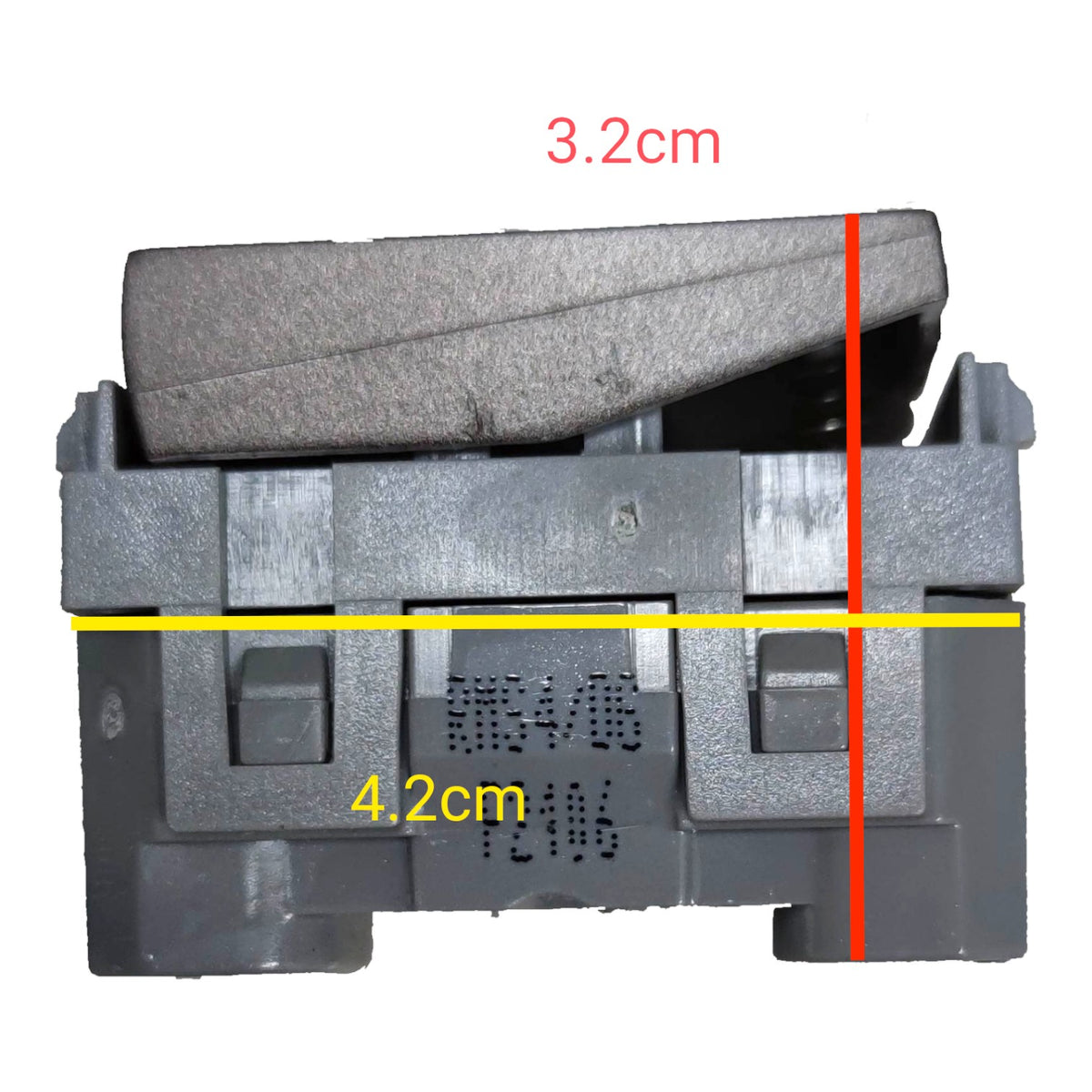 A gray plastic automotive switch component shown on a white background with red, yellow, and black measurement lines and text indicating dimensions 3.2cm, 4.