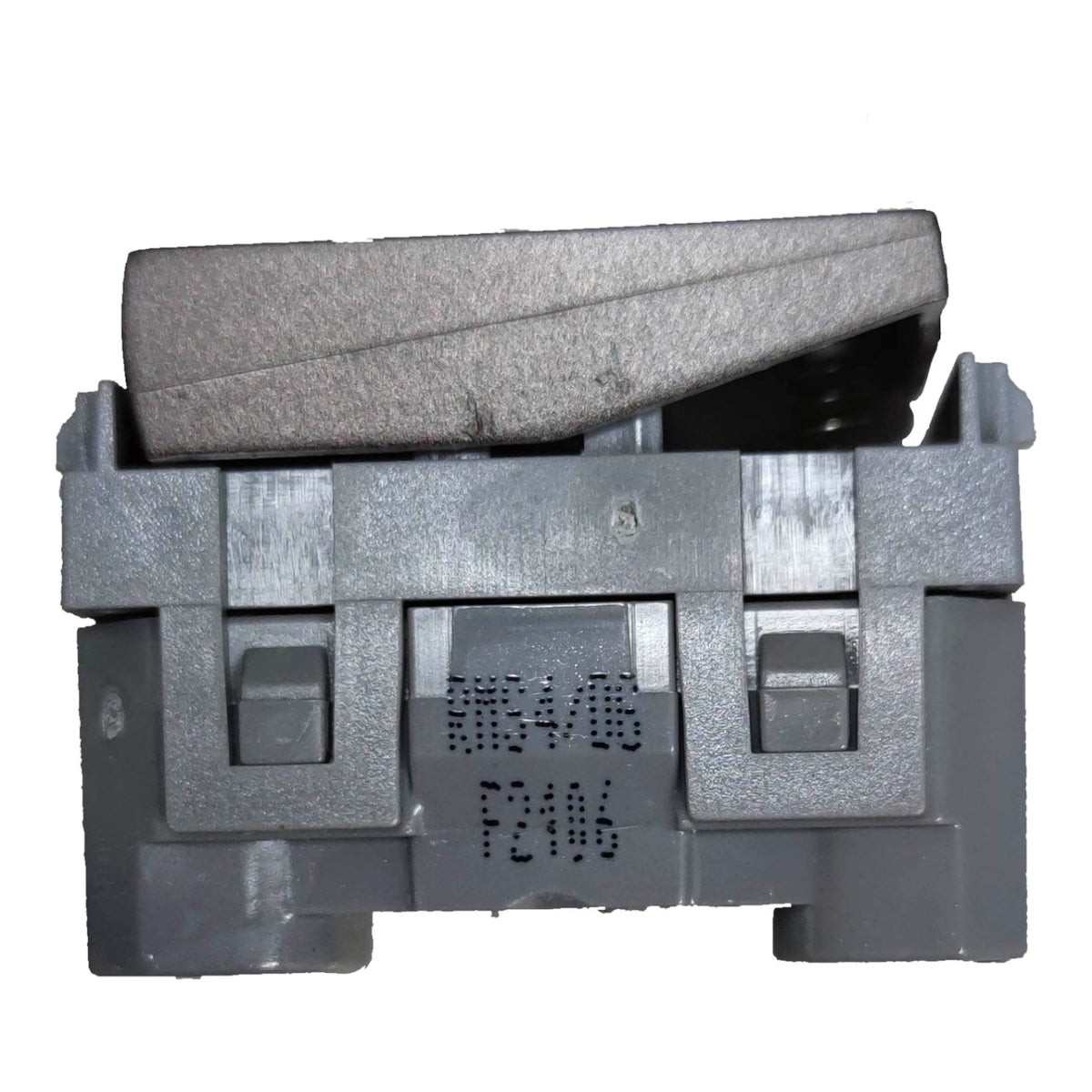 A gray molded plastic electrical switch component with a raised lever, shown on a plain white background. Stamped markings on the front read 'RMS4/6' and 'F2106'.