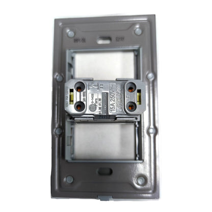 A silver metal electrical outlet backplate with a 2-pole socket mounted in the center, photographed against a plain white background.