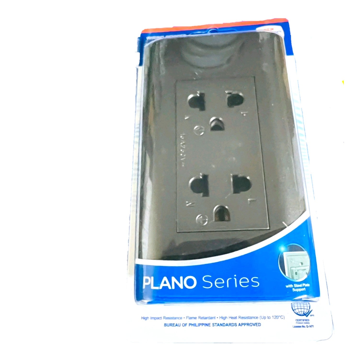 A black double outlet power strip inside its original retail packaging, featuring a blue and white 'PLANO Series' label on the bottom and a red top border.
