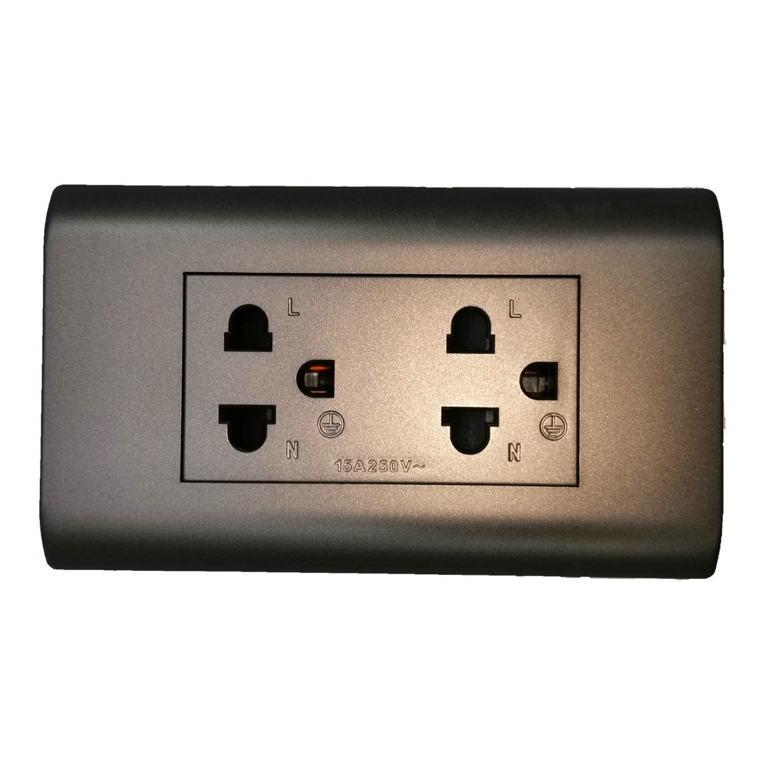 A dual electrical outlet panel with a brushed metallic finish, featuring two standard UK three-pin sockets labeled L and N, shown against a plain white background.
