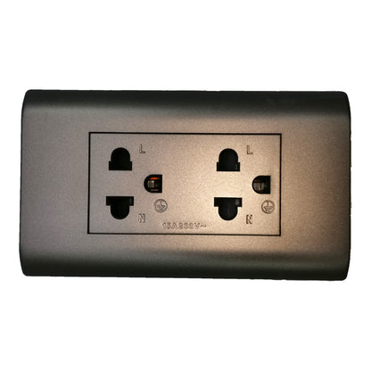 A dual electrical outlet panel with a brushed metallic finish, featuring two standard UK three-pin sockets labeled L and N, shown against a plain white background.