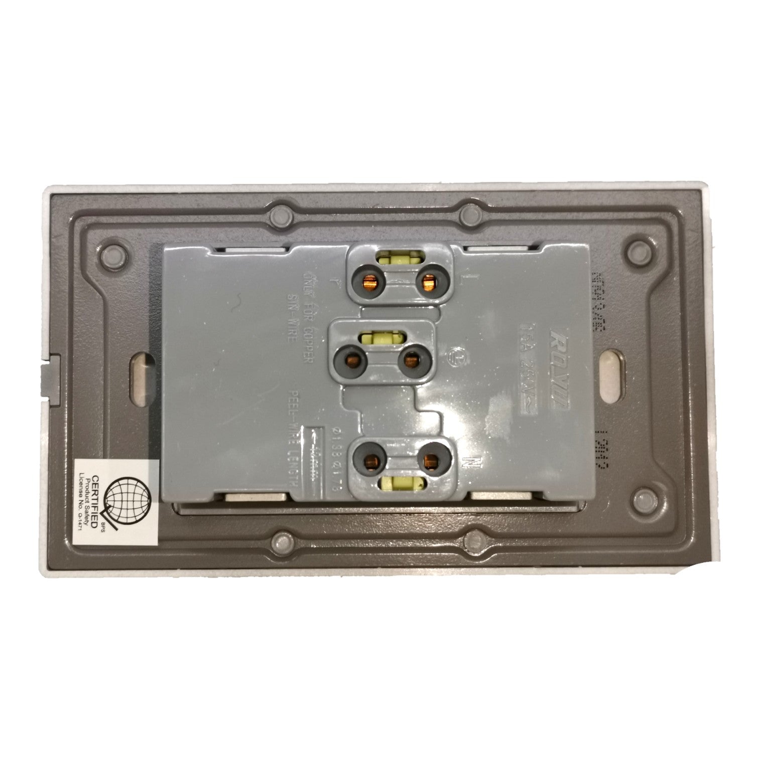 A replacement electrical socket backplate, featuring a gray metal plate with three double outlets and a small white sticker on the bottom left, shown on a white background.