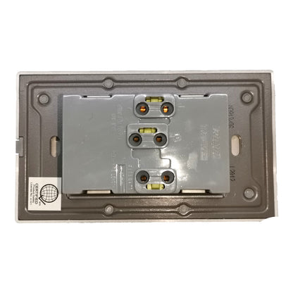 A replacement electrical socket backplate, featuring a gray metal plate with three double outlets and a small white sticker on the bottom left, shown on a white background.