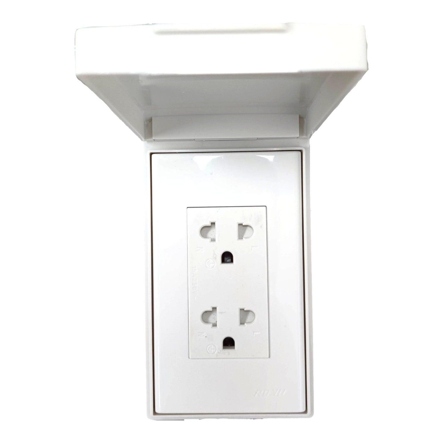 A white plastic outdoor duplex outlet protected by a matching white rain cover, shown against a plain white background.