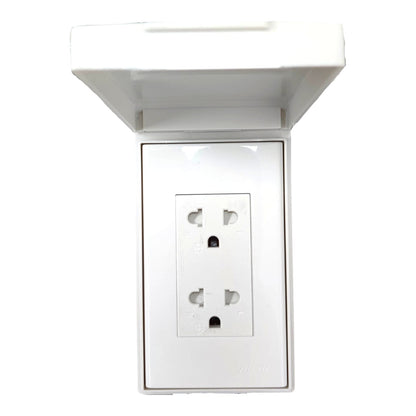 A white plastic outdoor duplex outlet protected by a matching white rain cover, shown against a plain white background.